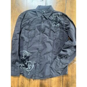 Pop Icon Clothing Buckle Mens Large Grey Pinstripe Embroidered Gothic Shirt